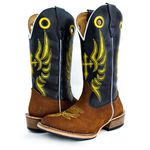 Bota Texana Masculina Couro Legítimo Crazy Horse Sela e Látego Preto Bordado Cruz Amarela e Salto Carrapeta