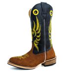 Bota Texana Masculina Couro Legítimo Crazy Horse Sela e Látego Preto Bordado Cruz Amarela e Salto Carrapeta