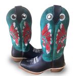 Bota Texana Carrapeta Couro Mustang Preto e Verde