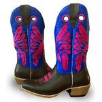 Bota Texana Carrapeta Couro Mustang Chocolate e Azul Bordado Cocar Rosa