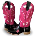 Bota Texana Carrapeta Couro Mustang Preto e Rosa Bordado Cocar