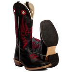 Bota Texana Masculina Bico Quadrado Couro Legítimo Mustang Preto Cruz Vermelha Solado Carrapeta