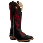 Bota Texana Masculina Bico Quadrado Couro Legítimo Mustang Preto Cruz Vermelha Solado Carrapeta