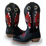 Bota Texana Masculina Bico Quadrado Couro Legítimo Látego Preto Cocar Vermelho Salto Carrapeta