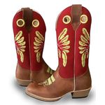 Bota Texana Masculina Bico Quadrado Couro Legítimo Crazy Horse Sela Cocar Amarelo Salto Carrapeta