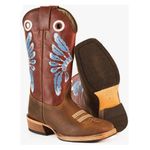 Bota Texana Masculina Bico Quadrado Couro Legítimo Crazy Horse Café e Látego Pinhão Solado Carrapeta