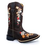 Bota Texana Feminina Bico Quadrado Couro Legítimo Crazy Horse Café Floral 