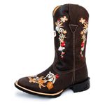 Bota Texana Feminina Bico Quadrado Couro Legítimo Crazy Horse Café Floral 