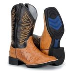 Bota Texana Masculina Bico Quadrado Cano Padrão Couro Bovino Legítimo Avestruz Laranja e Floater Preto