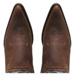 Bota Texana Masculina Bico Fino Couro Legítimo Nobuck Café Café Bordado Azul com Solado Vira Inteira