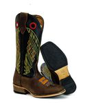 Bota Texana Masculina Bico Quadrado Couro Legítimo Crazy Horse Café e Látego Preto Bordado Quadriculado