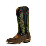 Bota Texana Masculina Bico Quadrado Couro Legítimo Crazy Horse Café e Látego Preto Bordado Quadriculado