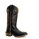 Bota Texana Masculina Bico Quadrado Couro Bovino Mustang Preto Solado Carrapeta 