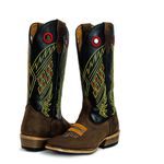 Bota Texana Masculina Bico Quadrado Couro Legítimo Crazy Horse Café e Látego Preto Bordado Quadriculado