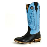 Bota Texana Masculina Bico Quadrado Couro Legítimo Mustang Preto e Azul Solado Carrapeta