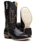 Bota Texana Masculina Bico Quadrado Cano Padrão Couro Legítimo Floater Preto Salto Carrapeta
