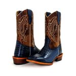 Bota Texana Masculina Bico Quadrado Couro Legítimo Bovino Jacaré Envelhecido Azul e Whisk Queima Salto Carrapeta
