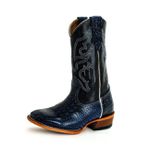 Bota Texana Masculina Bico Quadrado Couro Legítimo Bovino Jacaré Envelhecido Azul e Látego Preto Salto Carrapeta