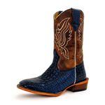 Bota Texana Masculina Bico Quadrado Couro Legítimo Bovino Jacaré Envelhecido Azul e Whisk Queima Salto Carrapeta