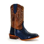 Bota Texana Masculina Bico Quadrado Couro Legítimo Bovino Jacaré Envelhecido Azul e Whisk Queima Salto Carrapeta