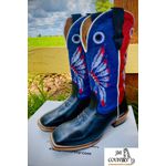 Bota Texana Masculina Bico Quadrado Couro Legítimo Floater Preto Vermelho e Azul Salto Carrapeta
