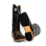 Bota Texana Masculina Couro Legítimo Mustang Chocolate e Fóssil Verde Bordado Boi Ekip Salto Carrapeta