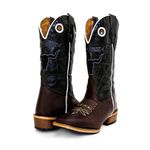 Bota Texana Masculina Couro Legítimo Mustang Chocolate e Fóssil Verde Bordado Boi Ekip Salto Carrapeta