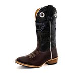 Bota Texana Masculina Couro Legítimo Mustang Chocolate e Fóssil Verde Bordado Boi Ekip Salto Carrapeta