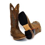 Bota Texana Masculina Couro Legítimo Látego Preto e Mustang Café Bordado Raio Salto Carrapeta