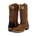 Bota Texana Masculina Couro Legítimo Látego Preto e Mustang Café Bordado Raio Salto Carrapeta