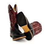 Bota Texana Masculina Couro Legítimo Látego Preto e Fóssil Vinho Bordado Linha Solado Reto