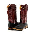 Bota Texana Masculina Couro Legítimo Látego Preto e Fóssil Vinho Bordado Linha Solado Reto