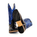 Bota Texana Masculina Couro Legítimo Látego Preto e Fly Azul Bordado Quadriculado Solado Reto