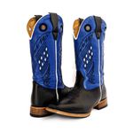 Bota Texana Masculina Couro Legítimo Látego Preto e Fly Azul Bordado Quadriculado Solado Reto