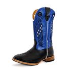 Bota Texana Masculina Couro Legítimo Látego Preto e Fly Azul Bordado Quadriculado Solado Reto