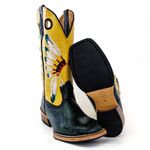 Bota Texana Masculina Couro Bovino Legítimo Jacaré Envelhecido Verde e Fly Amarelo Cocar Salto Carrapeta 