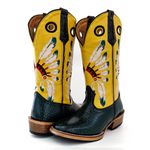 Bota Texana Masculina Couro Bovino Legítimo Jacaré Envelhecido Verde e Fly Amarelo Cocar Salto Carrapeta 