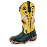 Bota Texana Masculina Couro Bovino Legítimo Jacaré Envelhecido Verde e Fly Amarelo Cocar Salto Carrapeta 