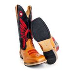 Bota Texana Masculina Couro Legítimo Bovino Nobuck Castor e Látego Preto Bordado Cocar Vermelho Salto Carrapeta