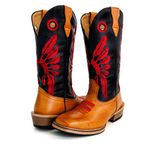 Bota Texana Masculina Couro Legítimo Bovino Nobuck Castor e Látego Preto Bordado Cocar Vermelho Salto Carrapeta