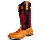 Bota Texana Masculina Couro Legítimo Bovino Nobuck Castor e Látego Preto Bordado Cocar Vermelho Salto Carrapeta
