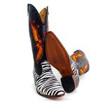 Bota Texana Feminina Country Couro Legítimo Bovino Pelo Zebra e Floater Preto Bordado Asa