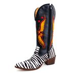 Bota Texana Feminina Country Couro Legítimo Bovino Pelo Zebra e Floater Preto Bordado Asa