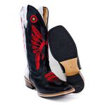 Bota Texana Masculina Couro Legítimo Látego Preto e Branco Bordado Cocar Vermelho Salto Carrapeta