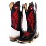 Bota Texana Masculina Couro Legítimo Látego Preto e Branco Bordado Cocar Vermelho Salto Carrapeta