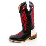 Bota Texana Masculina Couro Legítimo Látego Preto e Branco Bordado Cocar Vermelho Salto Carrapeta