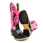 Bota Texana Masculina Couro Legítimo Látego Preto e Fly Rosa Chiclete Bordado Cocar Salto Carrapeta