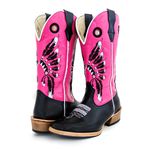 Bota Texana Masculina Couro Legítimo Látego Preto e Fly Rosa Chiclete Bordado Cocar Salto Carrapeta