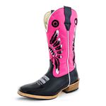 Bota Texana Masculina Couro Legítimo Látego Preto e Fly Rosa Chiclete Bordado Cocar Salto Carrapeta