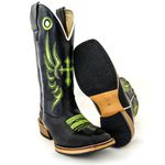 Bota Texana Masculina Couro Legítimo Bovino Látego Preto Bordado Cruz Verde Salto Carrapeta